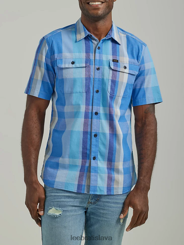 Lee oblečenie HL0J0R901 prípravný modrý pléd muži univerzálna kockovaná košeľa s krátkym rukávom s extrémnym pohybom