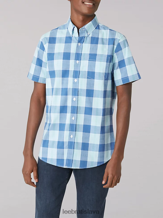 Lee oblečenie HL0J0R904 vysnívaná modrá muži kockovaná košeľa z byvolieho byvola s krátkym rukávom