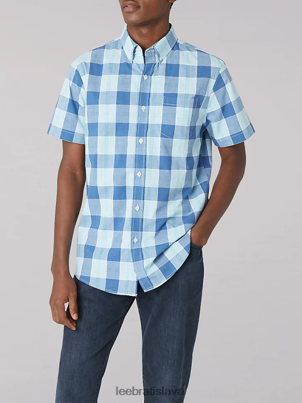 Lee oblečenie HL0J0R904 vysnívaná modrá muži kockovaná košeľa z byvolieho byvola s krátkym rukávom