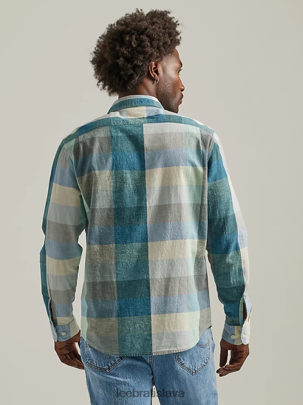 Lee oblečenie HL0J0R910 ecru muži kockovaná pracovná košeľa uvoľneného strihu