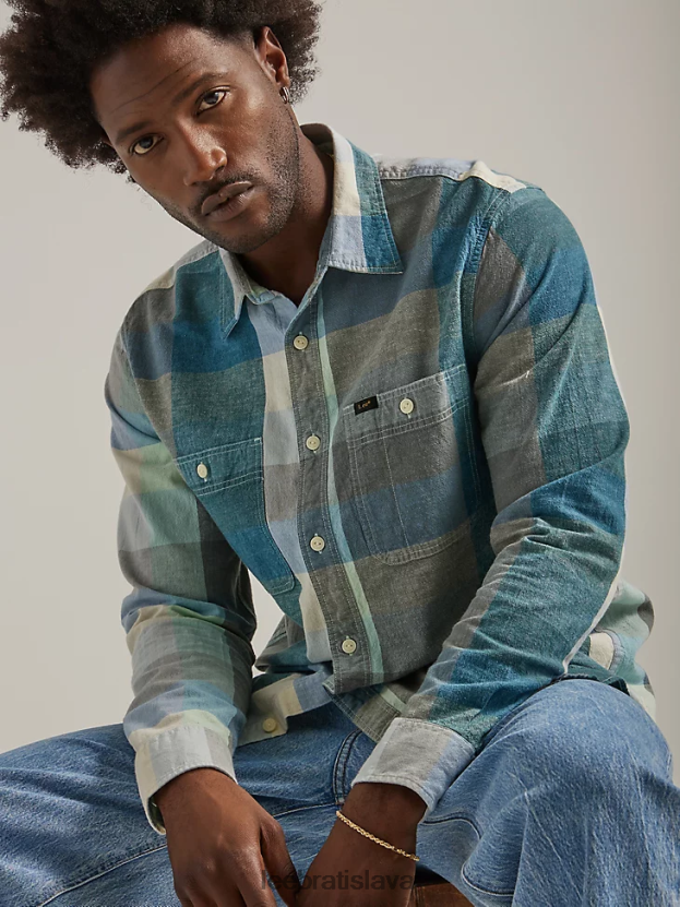 Lee oblečenie HL0J0R910 ecru muži kockovaná pracovná košeľa uvoľneného strihu