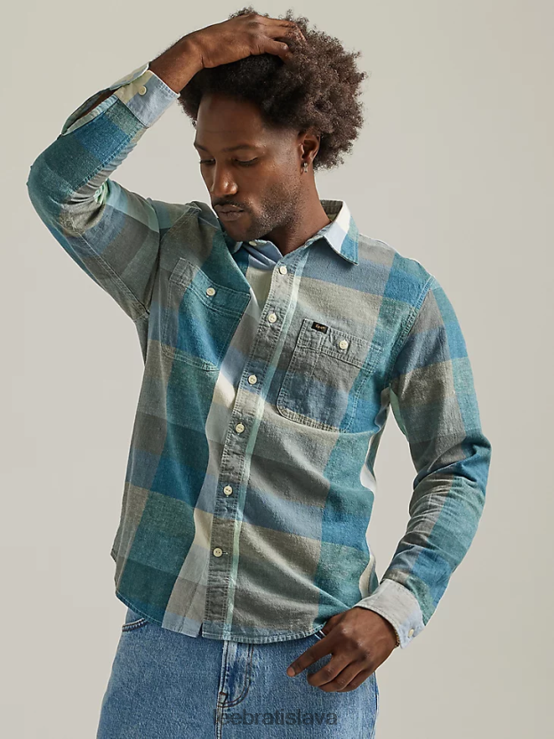 Lee oblečenie HL0J0R910 ecru muži kockovaná pracovná košeľa uvoľneného strihu