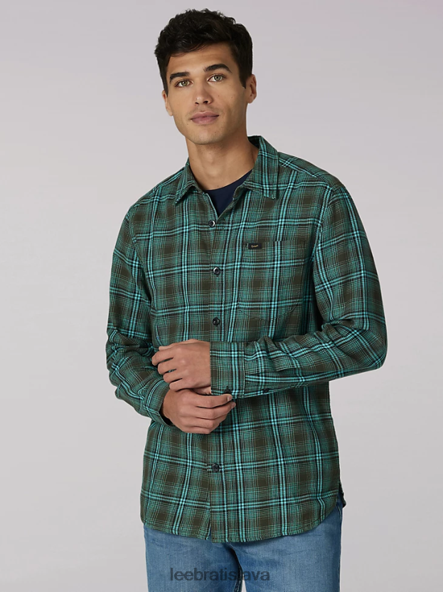 Lee oblečenie HL0J0R943 pohraničná oliva muži dedičná viacúčelová kockovaná košeľa s gombíkmi