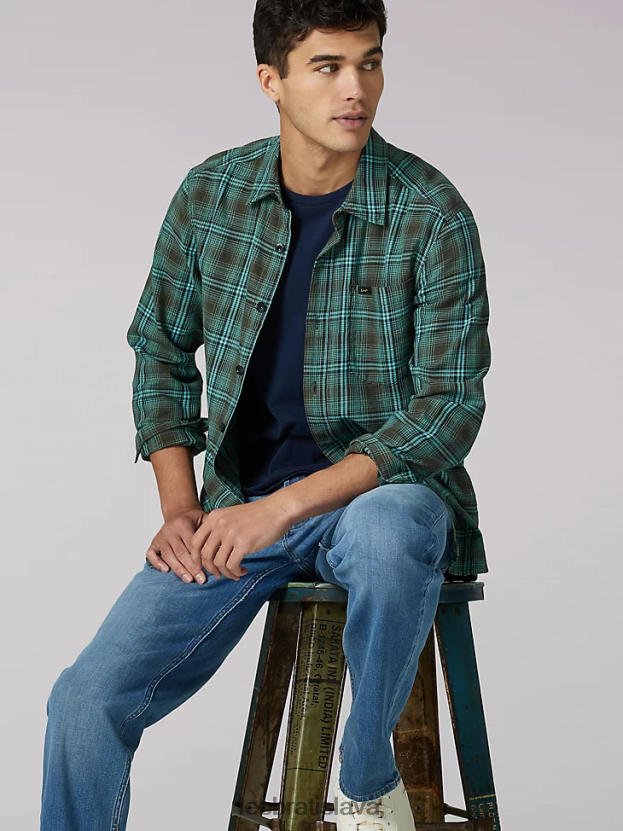 Lee oblečenie HL0J0R943 pohraničná oliva muži dedičná viacúčelová kockovaná košeľa s gombíkmi